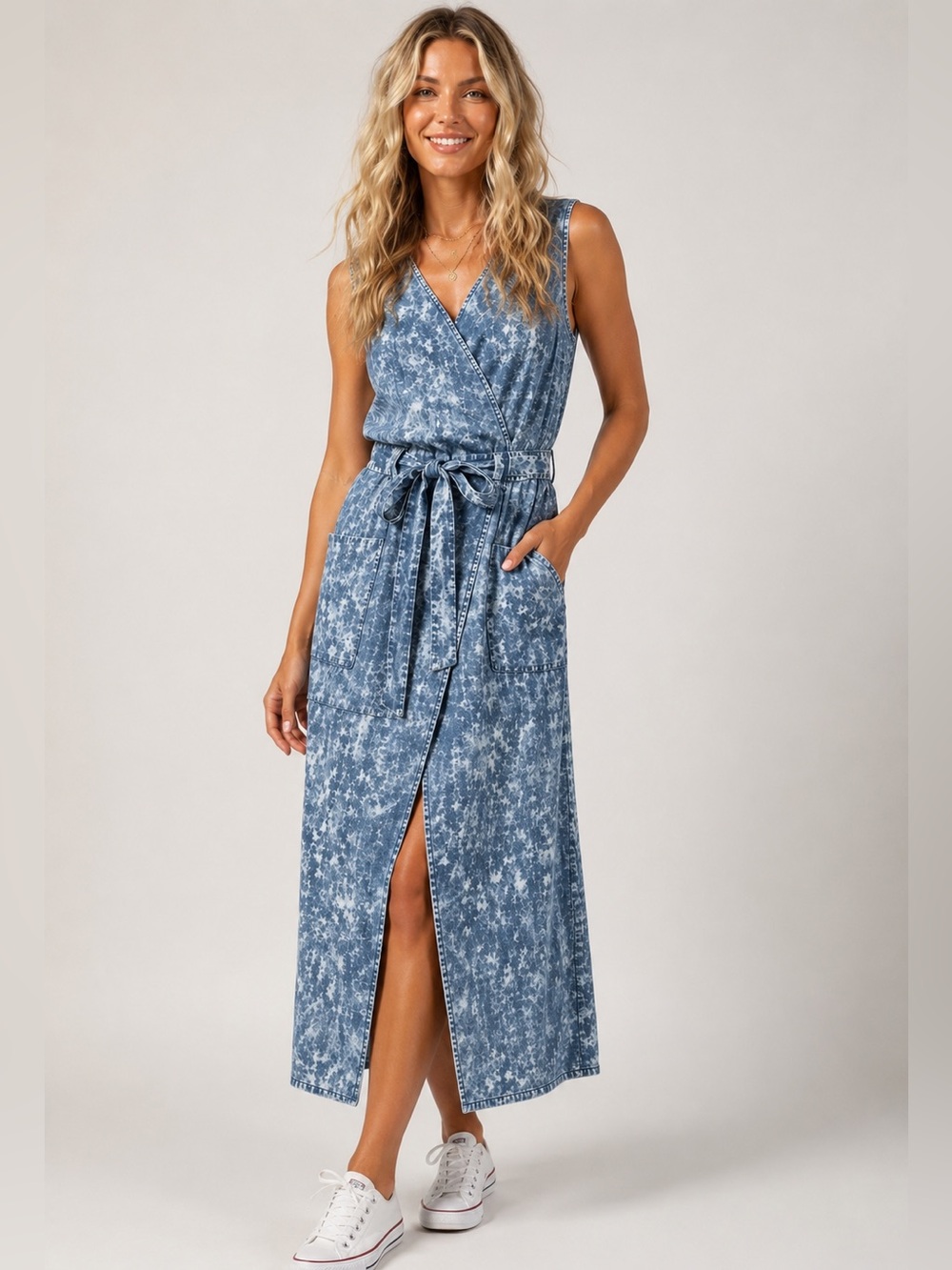 KUT from the Kloth T-Okina Lyocell Wrap Maxi Dress Blue Mineral Wash Size 2
